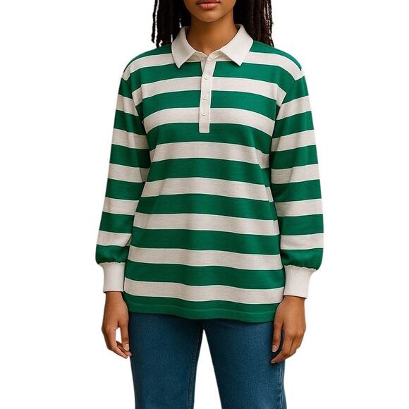 Loft Green White Striped Collared Long Sleeve Top Medium Quarter Button - Picture 1 of 9